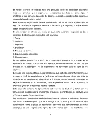 El modelo centrado en objetivos, hace una propuesta donde se establecen solamente
relaciones formales, que incorporan los componentes didácticos en forma rígida y
ahistórica lo que convierte la acción del docente en simples procedimientos mecánicos
desvinculados del contexto social.
Este modelo de organización, permite analizar cada uno de los pasos a seguir para el
logro de los objetivos propuestos: examina la secuencia que seguirán y la forma en que
deben relacionarse unos con otros.
En dicho modelo se elabora una matriz en cuya parte superior se expresan los datos
generales de identificación dividiéndola en 7 columnas.
1. Tema
2. Subtema
3. Objetivos
4. Evaluación
5. Métodos y/o técnicas
6. Experiencias de aprendizaje
7. Observaciones
En este modelo se prescribe la acción del docente, como se aprecia en el objetivo, en la
evaluación en correspondencia con los objetivos, cuando se señalan los métodos y/o
técnicas, en la descripción de las experiencias de aprendizaje para el logro de los
objetivos.
Detrás de este modelo está una lógica tecnocrática que pretende ordenar formalmente las
acciones a nivel de conocimientos y habilidades así como de aprendizaje, aún más, lo
subjetivo en el estudiante es circunscrito a él mismo, cuando pretende establecer la
experiencia de éste en su aprendizaje, como experiencia íntima, que no comunica ni
exterioriza y que en el modelo se clasifica y ordena.
Esta propuesta conserva la lógica interna del esquema de Popham y Baker, con los
componentes básicos objetivo, enseñanza y evaluación; centrándose en los objetivos, y su
coherencia con los demás elementos.
Con la utilización de este sistema el diseño curricular se reduce a la elaboración de lo que
denominan "carta descriptiva" que se le entrega a los docentes y donde se omite toda
consideración sobre el grupo de estudiantes, así como sus particularidades. La carta
descriptiva es una programación rígida de instrucciones como acto tecnificado que
20
 