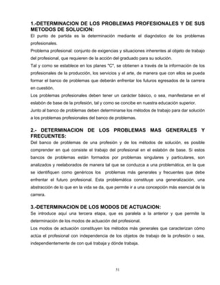 1.-DETERMINACION DE LOS PROBLEMAS PROFESIONALES Y DE SUS
METODOS DE SOLUCION:
El punto de partida es la determinación mediante el diagnóstico de los problemas
profesionales.
Problema profesional: conjunto de exigencias y situaciones inherentes al objeto de trabajo
del profesional, que requieren de la acción del graduado para su solución.
Tal y como se establece en los planes "C", se obtienen a través de la información de los
profesionales de la producción, los servicios y el arte, de manera que con ellos se pueda
formar el banco de problemas que deberán enfrentar los futuros egresados de la carrera
en cuestión.
Los problemas profesionales deben tener un carácter básico, o sea, manifestarse en el
eslabón de base de la profesión, tal y como se concibe en nuestra educación superior.
Junto al banco de problemas deben determinarse los métodos de trabajo para dar solución
a los problemas profesionales del banco de problemas.
2.- DETERMINACION DE LOS PROBLEMAS MAS GENERALES Y
FRECUENTES:
Del banco de problemas de una profesión y de los métodos de solución, es posible
comprender en qué consiste el trabajo del profesional en el eslabón de base. Si estos
bancos de problemas están formados por problemas singulares y particulares, son
analizados y reelaborados de manera tal que se conduzca a una problemática, en la que
se identifiquen como genéricos los problemas más generales y frecuentes que debe
enfrentar el futuro profesional. Esta problemática constituye una generalización, una
abstracción de lo que en la vida se da, que permite ir a una concepción más esencial de la
carrera.
3.-DETERMINACION DE LOS MODOS DE ACTUACION:
Se introduce aquí una tercera etapa, que es paralela a la anterior y que permite la
determinación de los modos de actuación del profesional.
Los modos de actuación constituyen los métodos más generales que caracterizan cómo
actúa el profesional con independencia de los objetos de trabajo de la profesión o sea,
independientemente de con qué trabaja y dónde trabaja.
51
 