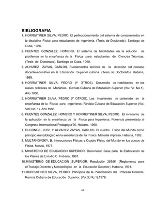 BIBLIOGRAFIA
1. HORRUITINER SILVA, PEDRO. El perfeccionamiento del sistema de conocimientos en
la disciplina Física para estudiantes de Ingeniería. (Tesis de Doctorado). Santiago de
Cuba, 1986.
2. FUENTES GONZALEZ, HOMERO. El sistema de habilidades en la solución de
problemas en la enseñanza de la Física para estudiantes de Ciencias Técnicas.
(Tesis de Doctorado). Santiago de Cuba, 1990.
3. ALVAREZ ZAYAS, CARLOS. Fundamentos teóricos de la dirección del proceso
docente-educativo en la Educación Superior cubana. (Tesis de Doctorado). Habana,
1989.
4. HORRUITINER SILVA, PEDRO (Y OTROS). Desarrollo de habilidades en las
clases prácticas de Mecánica. Revista Cubana de Educación Superior (Vol. VI; No.1).
Año 1986.
5. HORRUITINER SILVA, PEDRO (Y OTROS). Los invariantes de contenido en la
enseñanza de la Física para Ingenieros. Revista Cubana de Educación Superior (Vol.
VIII; No. 1). Año 1988.
6. FUENTES GONZALEZ, HOMERO Y HORRUITINER SILVA, PEDRO. El invariante de
la aplicación en la enseñanza de la Física para Ingenieros. Ponencia presentada al
Congreso Internacional Pedagogía'90. Habana, 1990.
7. DUCONGE, JOSE Y ALVAREZ ZAYAS, CARLOS. El cuadro Físico del Mundo como
principio metodológico en la enseñanza de la Física. Material impreso. Habana, 1982.
8. MULTANOVSKY, B. Interacciones Físicas y Cuadro Físico del Mundo en los cursos de
Física. Moscú, 1977.
9. MINISTERIO DE EDUCACION SUPERIOR. Documento Base para la Elaboración de
los Planes de Estudio C. Habana, 1991.
10.MINISTERIO DE EDUCACION SUPERIOR. Resolución 269/91 (Reglamento para
el Trabajo Docente y Metodológico en la Educación Superior). Habana, 1991.
11.HORRUITINER SILVA, PEDRO. Principios de la Planificación del Proceso Docente.
Revista Cubana de Educación Superior. (Vol.3; No.1).1979.
68
 