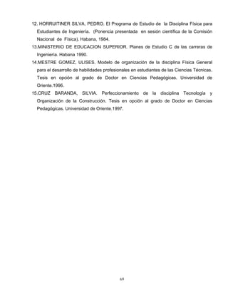 12. HORRUITINER SILVA, PEDRO. El Programa de Estudio de la Disciplina Física para
Estudiantes de Ingeniería. (Ponencia presentada en sesión científica de la Comisión
Nacional de Física). Habana, 1984.
13.MINISTERIO DE EDUCACION SUPERIOR. Planes de Estudio C de las carreras de
Ingeniería. Habana 1990.
14.MESTRE GOMEZ, ULISES. Modelo de organización de la disciplina Física General
para el desarrollo de habilidades profesionales en estudiantes de las Ciencias Técnicas.
Tesis en opción al grado de Doctor en Ciencias Pedagógicas. Universidad de
Oriente.1996.
15.CRUZ BARANDA, SILVIA. Perfeccionamiento de la disciplina Tecnología y
Organización de la Construcción. Tesis en opción al grado de Doctor en Ciencias
Pedagógicas. Universidad de Oriente.1997.
69
 