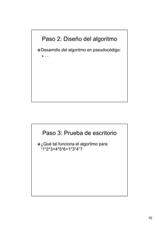 10
Paso 2: Diseño del algoritmoPaso 2: Diseño del algoritmo
Desarrollo del algoritmo enDesarrollo del algoritmo en pseudocódigopseudocódigo::
……
Paso 3: Prueba de escritorioPaso 3: Prueba de escritorio
¿Qué tal funciona el algoritmo para¿Qué tal funciona el algoritmo para
“1*2*3+4*5*6+1*3*4”?“1*2*3+4*5*6+1*3*4”?
 