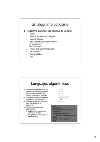2
Un algoritmo cotidianoUn algoritmo cotidiano
Algoritmo para leer las páginas de un libro:Algoritmo para leer las páginas de un libro:
1.1. Inicio.Inicio.
2.2. Abrir el libro en la 1ª página.Abrir el libro en la 1ª página.
3.3. Leer la página.Leer la página.
4.4. ¿Es la última que deseo leer?¿Es la última que deseo leer?
Sí: Ve al paso 7.Sí: Ve al paso 7.
No: Ve al paso 5No: Ve al paso 5
5.5. Pasar a la siguiente página.Pasar a la siguiente página.
6.6. Ve al paso 3.Ve al paso 3.
7.7. Cerrar el libro.Cerrar el libro.
8.8. Fin.Fin.
Lenguajes algorítmicosLenguajes algorítmicos
Un lenguaje algorítmico es unUn lenguaje algorítmico es un
conjunto de símbolos y reglasconjunto de símbolos y reglas
que permiten describir deque permiten describir de
manera explícita un proceso.manera explícita un proceso.
Es independiente de cualquierEs independiente de cualquier
lenguaje de programación.lenguaje de programación.
Debe permitir una traducciónDebe permitir una traducción
clara del algoritmo alclara del algoritmo al
programa.programa.
Dos tipos de lenguajesDos tipos de lenguajes
algorítmicos:algorítmicos:
GráficosGráficos: Por ejemplo, los: Por ejemplo, los
diagramas de flujo.diagramas de flujo.
No gráficosNo gráficos: Por ejemplo, el: Por ejemplo, el
pseudocódigopseudocódigo..
INICIO
Edad: Entero
ESCRIBE “¿cuál es tu edad?”
Lee Edad
SI Edad >= 18 entonces
ESCRIBE “Eres mayor de edad”
FINSI
Escribe “fin del algoritmo”
FIN
 