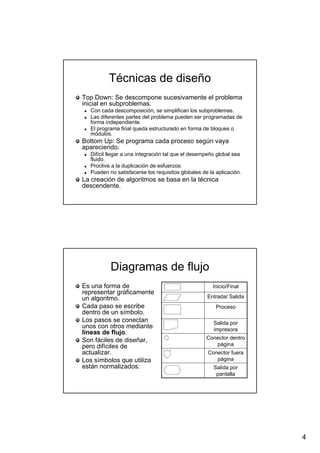 4
Técnicas de diseñoTécnicas de diseño
TopTop DownDown: Se descompone sucesivamente el problema: Se descompone sucesivamente el problema
inicial eninicial en subproblemassubproblemas..
Con cada descomposición, se simplifican losCon cada descomposición, se simplifican los subproblemassubproblemas..
Las diferentes partes del problema pueden ser programadas deLas diferentes partes del problema pueden ser programadas de
forma independiente.forma independiente.
El programa final queda estructurado en forma de bloques oEl programa final queda estructurado en forma de bloques o
módulos.módulos.
BottomBottom UpUp: Se programa cada proceso según vaya: Se programa cada proceso según vaya
apareciendo.apareciendo.
Difícil llegar a una integración tal que el desempeño global seaDifícil llegar a una integración tal que el desempeño global sea
fluido.fluido.
Proclive a la duplicación de esfuerzos.Proclive a la duplicación de esfuerzos.
Pueden no satisfacerse los requisitos globales de la aplicación.Pueden no satisfacerse los requisitos globales de la aplicación.
La creación de algoritmos se basa en la técnicaLa creación de algoritmos se basa en la técnica
descendente.descendente.
Diagramas de flujoDiagramas de flujo
Es una forma deEs una forma de
representar gráficamenterepresentar gráficamente
un algoritmo.un algoritmo.
Cada paso se escribeCada paso se escribe
dentro de un símbolo.dentro de un símbolo.
Los pasos se conectanLos pasos se conectan
unos con otros medianteunos con otros mediante
líneas de flujolíneas de flujo..
Son fáciles de diseñar,Son fáciles de diseñar,
pero difíciles depero difíciles de
actualizar.actualizar.
Los símbolos que utilizaLos símbolos que utiliza
están normalizados:están normalizados: Salida porSalida por
pantallapantalla
Conector fueraConector fuera
páginapágina
Conector dentroConector dentro
páginapágina
Salida porSalida por
impresoraimpresora
ProcesoProceso
Entrada/ SalidaEntrada/ Salida
Inicio/FinalInicio/Final
 