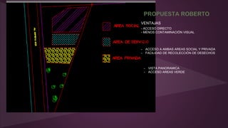 VENTAJAS
- ACCESO DIRECTO
- MENOS CONTAMINACIÓN VISUAL
- ACCESO A AMBAS AREAS SOCIAL Y PRIVADA
- FACILIDAD DE RECOLECCIÓN DE DESECHOS
- VISTA PANORAMICA
- ACCESO AREAS VERDE
 