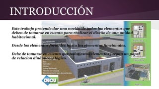 INTRODUCCIÓN
Este trabajo pretende dar una noción de todos los elementos que
deben de tomarse en cuenta para realizar el diseño de una unidad
habitacional.
Desde los elementos formales hasta los elementos funcionales.
Debe de tomarse en cuenta que todos estos elementos juegan un papel
de relacion dinámico y lógico.
 