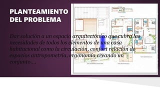 Dar solución a un espacio arquitectónico que cubra las
necesidades de todos los elementos de una casa
habitacional como la circulación, confort relación de
espacios antropometría, ergonomía creando un
conjunto….
PLANTEAMIENTO
DEL PROBLEMA
 