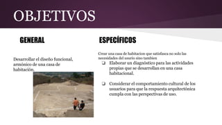 OBJETIVOS
Crear una casa de habitacion que satisfasca no solo las
necesidades del usurio sino tambien
❏ Elaborar un diagnóstico para las actividades
propias que se desarrollan en una casa
habitacional.
❏ Considerar el comportamiento cultural de los
usuarios para que la respuesta arquitectónica
cumpla con las perspectivas de uso.
GENERAL ESPECÍFICOS
Desarrollar el diseño funcional,
armónico de una casa de
habitación.
 