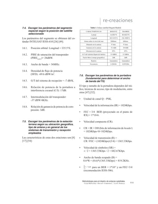 3.4. Relación de potencia de portadora a
densidad de ruido (C/N0)
(10)
Donde C = potencia de la portadora de banda ancha
[52].
3.5. Relación de la densidad de energía de
bit a densidad de ruido (Eb/N0)
(E1 es uno de los parámetros más importantes y
másutilizadosencomunicacionessatelitalescuandose
evalúa un sistema de radio digital [11]. Es una manera
convenientedecompararlossistemasdigitalesqueuti-
lizandiferentetasadetransmisión,diferentesesquemas
GH PRGXODFLyQ R GLIHUHQWHV WpFQLFDV GH FRGL¿FDFLyQ
105
Metodología para el diseño de enlaces satelitales
CESAR HERNÁNDEZ / OSCAR F. CORREDOR C. / LUIS F. PEDRAZA
re-creaciones
 