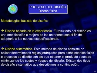 10
Metodologías básicas de diseño:
 Diseño basado en la experiencia. El resultado del diseño es
una modificación o mejora de los anteriores con el fin de
adaptarlo a las nuevas especificaciones.
 Diseño sistemático. Este método de diseño consiste en
aplicar determinadas reglas jerárquicas para establecer los flujos
o procesos de diseño con las que obtener el producto deseado
minimizando los costes y riesgos del diseño. Existen dos tipos
de diseño sistemático que describimos a continuación.
PROCESO DEL DISEÑO
Diseño físico
PROCESO DEL DISEÑO
Diseño físico
 