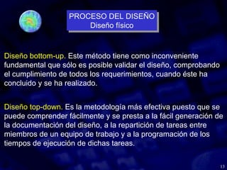 13
Diseño bottom-up. Este método tiene como inconveniente
fundamental que sólo es posible validar el diseño, comprobando
el cumplimiento de todos los requerimientos, cuando éste ha
concluido y se ha realizado.
Diseño top-down. Es la metodología más efectiva puesto que se
puede comprender fácilmente y se presta a la fácil generación de
la documentación del diseño, a la repartición de tareas entre
miembros de un equipo de trabajo y a la programación de los
tiempos de ejecución de dichas tareas.
PROCESO DEL DISEÑO
Diseño físico
PROCESO DEL DISEÑO
Diseño físico
 