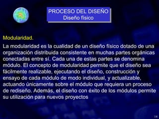14
Modularidad.
La modularidad es la cualidad de un diseño físico dotado de una
organización distribuida consistente en muchas partes orgánicas
conectadas entre sí. Cada una de estas partes se denomina
módulo. El concepto de modularidad permite que el diseño sea
fácilmente realizable, ejecutando el diseño, construcción y
ensayo de cada módulo de modo individual, y actualizable,
actuando únicamente sobre el módulo que requiera un proceso
de rediseño. Además, el diseño con éxito de los módulos permite
su utilización para nuevos proyectos
PROCESO DEL DISEÑO
Diseño físico
PROCESO DEL DISEÑO
Diseño físico
 