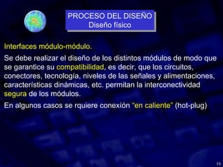 16
Interfaces módulo-módulo.
Se debe realizar el diseño de los distintos módulos de modo que
se garantice su compatibilidad, es decir, que los circuitos,
conectores, tecnología, niveles de las señales y alimentaciones,
características dinámicas, etc. permitan la interconectividad
segura de los módulos.
En algunos casos se rquiere conexíón “en caliente” (hot-plug)
PROCESO DEL DISEÑO
Diseño físico
PROCESO DEL DISEÑO
Diseño físico
 