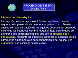 18
Interface hombre-máquina.
La mayoría de los equipos electrónicos requieren o pueden
requerir de la presencia de un operador para su uso. En este
caso la correcta utilización de los equipos depende del adecuado
diseño de los interfaces hombre máquina. Este diseño debe de
atender a dos conceptos básicos que son la accesibilidad y
operatividad, mediante las cuales se garantiza el gobierno de los
parámetros fundamentales de funcionamiento del equipo, y la
ergonomía, que posibilita su uso eficaz.
PROCESO DEL DISEÑO
Diseño físico
PROCESO DEL DISEÑO
Diseño físico
 