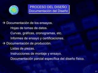 37
 Documentación de los ensayos.
Hojas de tomas de datos.
Curvas, gráficas, cronogramas, etc.
Informes de ensayo y certificaciones.
 Documentación de producción.
Listas de piezas.
Instrucciones de montaje y ensayo.
Documentación parcial específica del diseño físico.
PROCESO DEL DISEÑO
Documentación del Diseño
PROCESO DEL DISEÑO
Documentación del Diseño
 