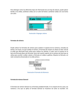 Para distinguir entre los diferentes tipos de información de una hoja de cálculo, puede aplicar
bordes a las celdas, sombrear celdas con un color de fondo o sombrear celdas con una trama
con color.

Ilustración 3 Agregar colores

Formatos de número

Puede utilizar los formatos de número para cambiar el aspecto de los números, incluidas las
fechas y las horas, sin que cambie el número. El formato de número no afecta al valor real de
la celda que Microsoft Excel utiliza para realizar los cálculos. El valor real se muestra en la
barra de fórmulas (barra de fórmulas: barra de la parte superior de la ventana de Excel que se
utiliza para escribir o editar valores o fórmulas en celdas o gráficos. Muestra la fórmula o el
valor constante almacenado en la celda activa.).

Ilustración 4 Formato de Números

Formato de número General

El formato de número General es el formato predeterminado. En la mayoría de los casos, los
números a los que se aplica el formato General se muestran tal como se escriben. Sin

 