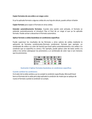 Copiar formatos de una celda o un rango a otro:
Si ya ha aplicado formato a algunas celdas de una hoja de cálculo, puede utilizar el botón
Copiar formato para copiar el formato en otras celdas.
Extender automáticamente formatos: Cuando esta opción está activada, el formato se
extiende automáticamente al introducir filas al final de un rango al que ya ha aplicado
formato. Puede activar o desactivar el formato automático.
Aplicar formato a celdas basándose en condiciones específicas
Puede supervisar los resultados de las fórmulas u otros valores de celdas mediante la
aplicación de formatos condicionales (formato condicional: formato (por ejemplo, un
sombreado de celda o un color de fuente) que Excel aplica automáticamente a las celdas si la
condición que se especifica es cierta.). Por ejemplo, puede aplicar color de texto verde a la
celda si las ventas sobrepasan las previsiones y un sombreado de color rojo si son menores
que las previsiones.

Ilustración 5 Aplicar formatos basándose en condiciones específicas
Cuando cambian las condiciones:
Si el valor de la celda cambia y ya no cumple la condición especificada, Microsoft Excel
borra el formato de la celda pero deja aplicada la condición de modo que se aplique de
nuevo el formato cuando la condición se cumpla.

 