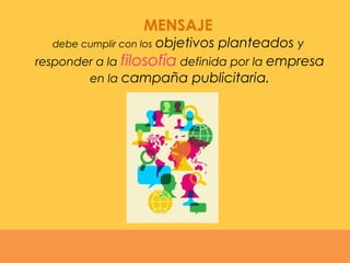 MENSAJE
debe cumplir con los objetivos planteados y
responder a la filosofía definida por la empresa
en la campaña publicitaria.
 