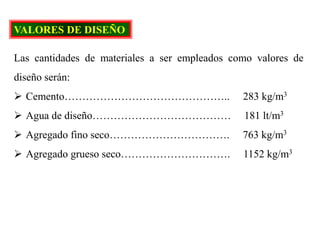 VALORES DE DISEÑO
Las cantidades de materiales a ser empleados como valores de
diseño serán:
 Cemento……………………………………….. 283 kg/m3
 Agua de diseño………………………………… 181 lt/m3
 Agregado fino seco……………………………. 763 kg/m3
 Agregado grueso seco…………………………. 1152 kg/m3
 