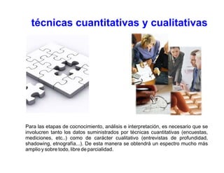 técnicas cuantitativas y cualitativas




Para las etapas de cocnocimiento, análisis e interpretación, es necesario que se
involucren tanto los datos suministrados por técnicas cuantitativas (encuestas,
mediciones, etc..) como de carácter cualitativo (entrevistas de profundidad,
shadowing, etnografía...). De esta manera se obtendrá un espectro mucho más
amplio y sobre todo, libre de parcialidad.
 