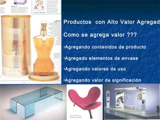Productos con Alto Valor Agregad

Como se agrega valor ???

•Agregando contenidos de producto

•Agregado elementos de envase

•Agregando valores de uso

•Agregando valor de significación
 