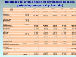 Concepto                   Año 0            Periodo 1          Periodo 2          Periodo 3          Periodo 4          Periodo 5
                    Entradas
                     Efectivo
Ingresos por ventas                              -                 1.024.108.800      1.075.314.240      1.129.079.952      1.185.533.950      1.244.810.647
Crédito                                           100.000.000
Aporte socios                                     101.320.436
Total de Entradas                                 201.320.436      1.024.108.800      1.075.314.240      1.129.079.952      1.185.533.950      1.244.810.647
                     Salidas
Casa-lote                                         80.000.000
Maquinaria y equipo                               36.850.000
Muebles y enseres                                    880.000
Equipo de computo                                  1.630.000
Total activos fijos                              119.360.000
Diferidos                                         10.460.257
Costos de producción                                                746.801.789        821.481.968        903.630.165        993.993.182      1.093.392.500
Gastos de administración                                             72.410.364         72.410.364         72.410.364         72.410.364         72.410.364

Gastos de ventas                                                     13.170.000         13.170.000          13.170.000         13.170.000         13.170.000
Gastos Financieros                                                   12.707.842         10.535.517           8.048.134          5.200.000          1.938.795
Impuesto renta                                                       59.076.206         52.046.409          43.501.025         33.250.933         21.086.666
Reserva legal                                                        11.994.260         10.566.998           8.832.026          6.750.947          4.281.232
Total salidas                                     129.820.257       916.160.461        980.211.256       1.049.591.715      1.124.775.426      1.206.279.557
Saldo (Entradas - salidas)                         71.500.179       107.948.339         95.102.984          79.488.237         60.758.523         38.531.090

Más depreciación                                                      9.311.333          9.311.334          9.311.335          9.311.336          9.311.337
Más Amortización diferidos                                            2.092.051          2.092.051          2.092.051          2.092.051          2.092.051

Más Reserva legal                                                    11.994.260         10.566.998          8.832.026          6.750.947          4.281.232
Menos pago a Principal                                               14.978.216         17.150.541         19.637.924         22.486.057         25.747.262

Total saldo neto                             71.500.179             116.367.767         99.922.826         80.085.726         56.426.800         28.468.448
Recuperación de inversión (saldo efectivo)                                                                                                       71.500.000


Valor residual:
   · Capital de trabajo                                                                                                                        71.500.179,00
   · Activos fijos (Salvamento)                                                                                                                            0

Total flujo neto                                                    116.367.767         99.922.826         80.085.726         56.426.800        171.468.627
Saldo Inicial                                                        71.500.179        187.867.946        287.790.772        367.876.498        424.303.298
Saldo Final                                  71.500.179             187.867.946        287.790.772        367.876.498        424.303.298        595.771.925
 