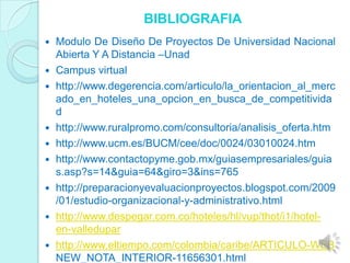 BIBLIOGRAFIA
   Modulo De Diseño De Proyectos De Universidad Nacional
    Abierta Y A Distancia –Unad
   Campus virtual
   http://www.degerencia.com/articulo/la_orientacion_al_merc
    ado_en_hoteles_una_opcion_en_busca_de_competitivida
    d
   http://www.ruralpromo.com/consultoria/analisis_oferta.htm
   http://www.ucm.es/BUCM/cee/doc/0024/03010024.htm
   http://www.contactopyme.gob.mx/guiasempresariales/guia
    s.asp?s=14&guia=64&giro=3&ins=765
   http://preparacionyevaluacionproyectos.blogspot.com/2009
    /01/estudio-organizacional-y-administrativo.html
   http://www.despegar.com.co/hoteles/hl/vup/thot/i1/hotel-
    en-valledupar
   http://www.eltiempo.com/colombia/caribe/ARTICULO-WEB
    NEW_NOTA_INTERIOR-11656301.html
 