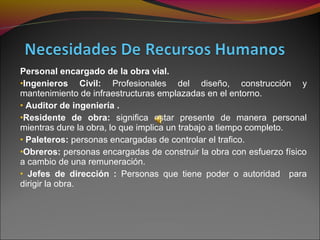 Personal encargado de la obra vial.
•Ingenieros Civil: Profesionales del diseño, construcción y
mantenimiento de infraestructuras emplazadas en el entorno.
• Auditor de ingeniería .
•Residente de obra: significa estar presente de manera personal
mientras dure la obra, lo que implica un trabajo a tiempo completo.
• Paleteros: personas encargadas de controlar el trafico.
•Obreros: personas encargadas de construir la obra con esfuerzo físico
a cambio de una remuneración.
• Jefes de dirección : Personas que tiene poder o autoridad para
dirigir la obra.
 