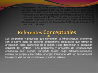 Los programas y proyectos que conforman la infraestructura económica
son el apoyo para los sectores directamente productivos que forman la
articulación físico económica de la región y que determinan la ocupación
espacial del territorio. Los programas y proyectos de infraestructura
económica son: puertos; transporte fluvial; riego; telecomunicaciones;
centros de acopio y mercadeo; energía; transporte vial, red fundamental;
transporte vial, caminos vecinales, y vialidad urbana.
SUBPROGRAMA Indicadores.44.100 m2 de vías en la zona urbana pavimentados.600 m2
de ciclo ruta construidos.3.000 m2 de andenes en la zona urbana
construidos.39.400 m2 de vías del Plan Vial construidos. Dos puentes
vehiculares y tres puentes peatonales construidos.5.585 m2 de vías en la
zona rural pavimentados.42.700 m2 de vías de acceso al Terminal de
Transporte construidos. Cien m2 de rampas para mejorar la movilidad de
las personas en condición de discapacidad.6.860 m2 de andenes en la
zona rural construidos.
 