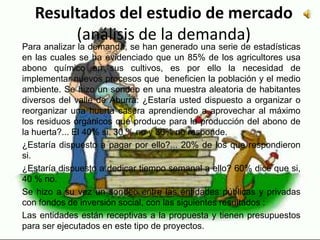 Resultados del estudio de mercado
(análisis de la demanda)
Para analizar la demanda, se han generado una serie de estadísticas
en las cuales se ha evidenciado que un 85% de los agricultores usa
abono químico en sus cultivos, es por ello la necesidad de
implementar nuevos procesos que beneficien la población y el medio
ambiente. Se hizo un sondeo en una muestra aleatoria de habitantes
diversos del valle de Aburrá: ¿Estaría usted dispuesto a organizar o
reorganizar una huerta casera aprendiendo a aprovechar al máximo
los residuos orgánicos que produce para la producción del abono de
la huerta?... El 40% si. 30 % no y 30% no responde.
¿Estaría dispuesto a pagar por ello?... 20% de los que respondieron
si.
¿Estaría dispuesto a dedicar tiempo semanal a ello? 60% dice que si,
40 % no.
Se hizo a su vez un sondeo entre las entidades públicas y privadas
con fondos de inversión social, con las siguientes resultados :
Las entidades están receptivas a la propuesta y tienen presupuestos
para ser ejecutados en este tipo de proyectos.
 