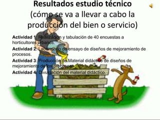 Resultados estudio técnico
(cómo se va a llevar a cabo la
producción del bien o servicio)
Actividad 1: Realización y tabulación de 40 encuestas a
horticultores urbanos.
Actividad 2: Laboratorio de ensayo de diseños de mejoramiento de
procesos.
Actividad 3: Producción de Material didáctico de diseños de
mejoramiento de los procesos.
Actividad 4: Divulgación del material didáctico.
 