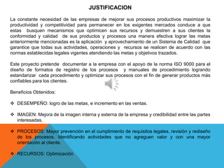 JUSTIFICACION

La constante necesidad de las empresas de mejorar sus procesos productivos maximizar la
productividad y competitividad para permanecer en los exigentes mercados conduce a que
estas busquen mecanismos que optimicen sus recursos y demuestren a sus clientes la
conformidad y calidad de sus productos y procesos una manera efectiva lograr las metas
anteriormente mencionadas es la aplicación y aprovechamiento de un Sistema de Calidad que
garantice que todas sus actividades, operaciones y recursos se realicen de acuerdo con las
normas establecidas legales vigentes atendiendo las metas y objetivos trazados.

Este proyecto pretende documentar a la empresa con el apoyo de la norma ISO 9000 para el
diseño de formatos de registro de los procesos y manuales de procedimiento logrando
estandarizar cada procedimiento y optimizar sus procesos con el fin de generar productos más
confiables para los clientes.

Beneficios Obtenidos:

 DESEMPEÑO: logro de las metas, e incremento en las ventas.

 IMAGEN: Mejora de la imagen interna y externa de la empresa y credibilidad entre las partes
  interesadas.

 PROCESOS: Mayor prevención en el cumplimiento de requisitos legales, revisión y rediseño
  de los procesos. Identificando actividades que no agreguen valor y con una mayor
  orientación al cliente.

 RECURSOS: Optimización
 