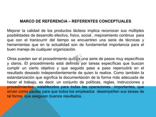 MARCO DE REFERENCIA – REFERENTES CONCEPTUALES

Mejorar la calidad de los productos lácteos implica reconocer sus múltiples
posibilidades de desarrollo efectivo, físico, social , mejoramiento continuo para
que con el transcurrir del tiempo se encuentren una serie de técnicas y
herramientas que en la actualidad son de fundamental importancia para el
buen manejo de cualquier organización.

Otras pueden ser el procedimiento que es una serie de pasos muy específicos
y claros. El procedimiento está definido por tareas específicas que buscan
cumplir un cierto objetivo y que seguido paso a paso repercutirá en el
resultado deseado independientemente de quien lo realice. Como también la
estandarización que significa la documentación de la forma más adecuada de
hacer el trabajo, es decir, un conjunto de políticas, reglas, instrucciones y
procedimientos establecidos para todas las operaciones importantes, que
sirven como pautas para que todos los empleados desempeñen sus tareas de
tal forma que aseguren buenos resultados.
 