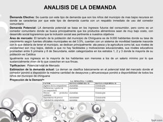 ANALISIS DE LA DEMANDA
Demanda Efectiva: Se cuenta con este tipo de demanda que son los niños del municipio de mas bajos recursos en
donde se caracteriza por que este tipo de demanda cuenta con un respaldo inmediato de uso del comedor
comunitario
Demanda Potencial: LA demanda potencial se basa en los ingresos futuros del consumidor, pero como es un
comedor comunitario donde se busca principalmente que los productos alimenticios sean de muy bajo costo, con
desarrollo social lograremos que la inclusión social sea pertinente a nuestros objetivos
Área de mercado: El tamaño de la población del municipio de Chiriguana es de 9.000 habitantes donde su tasa de
crecimiento según fuentes oficiales municipales es del 3.5%, cuentan con un sistema de movilidad bastante inacorde
con lo que debería de tener el municipio, se dedican principalmente ala pesca y la agricultura como tal, sus niveles de
escolaridad son muy bajos, debido a que no hay facilidades y motivaciones educacionales, sus niveles educativos
promedian entre 5 primaria y 8 de Secundaria, están categorizados en los estratos 1, 2 y 3 donde la mayoría de su
población es Católica
Igualmente sus ingresos en la mayoría de los habitantes son menores a los de un salario mínimo por lo que
sustancialmente viven de lo que cosechan en sus fincas.
Tipificacion: Potencial total de Mercado
Estimacion de la demanda actual: La deman se clasifica básicamente en el potencial total del mercado donde el
comedor pondrá a disposición la máxima cantidad de desayunos y almuerzosque pondrá a disponibilidad de todos los
niños del municipio de chiriguana
Proyeccion de la Demanda

 