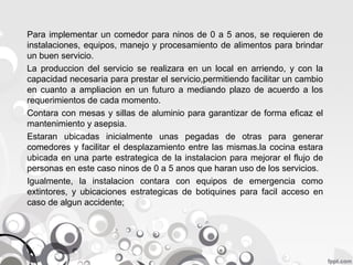 Para implementar un comedor para ninos de 0 a 5 anos, se requieren de
instalaciones, equipos, manejo y procesamiento de alimentos para brindar
un buen servicio.
La produccion del servicio se realizara en un local en arriendo, y con la
capacidad necesaria para prestar el servicio,permitiendo facilitar un cambio
en cuanto a ampliacion en un futuro a mediando plazo de acuerdo a los
requerimientos de cada momento.
Contara con mesas y sillas de aluminio para garantizar de forma eficaz el
mantenimiento y asepsia.
Estaran ubicadas inicialmente unas pegadas de otras para generar
comedores y facilitar el desplazamiento entre las mismas.la cocina estara
ubicada en una parte estrategica de la instalacion para mejorar el flujo de
personas en este caso ninos de 0 a 5 anos que haran uso de los servicios.
Igualmente, la instalacion contara con equipos de emergencia como
extintores, y ubicaciones estrategicas de botiquines para facil acceso en
caso de algun accidente;

 