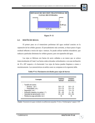 “Propuesta de diseño de planta de tratamiento de aguas residuales en la cuidad de Jocoro, departamento de Morazán”
CAPITULO VI DISEÑO DE PTAR
85
Figura N· 11
6.2. DISEÑO DE REJAS:
El primer paso en el tratamiento preliminar del agua residual consiste en la
separación de los sólidos gruesos. El procedimiento más corriente, es hacer pasar el agua
residual influente a través de rejas o tamices. Se puede utilizar también trituradores, que
reducen a partículas diminutas los sólidos gruesos, pero sin separarlos del agua.
Las rejas se fabrican con barras de acero soldadas a un marco que se coloca
transversalmente al Canal. Las barras están colocadas verticalmente o con una inclinación
de 30 a 80º respecto a la horizontal. Las rejas de barras pueden limpiarse a mano o
mecánicamente. Las características en ambos casos se comparan en la siguiente tabla.
Tabla Nº 6.1 Parámetros de diseño para rejas de barras
Fuente: Tratamiento de aguas residuales en poblaciones pequeñas “Crites y Tchobanoglous” pagina # 249.
 