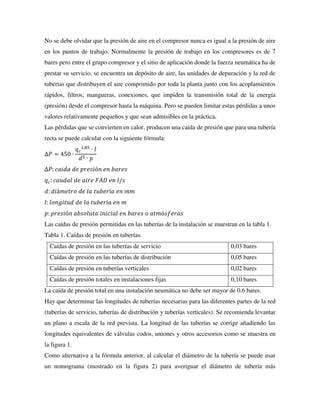 No se debe olvidar que la presión de aire en el compresor nunca es igual a la presión de aire
en los puntos de trabajo. Normalmente la presión de trabajo en los compresores es de 7
bares pero entre el grupo compresor y el sitio de aplicación donde la fuerza neumática ha de
prestar su servicio, se encuentra un depósito de aire, las unidades de depuración y la red de
tuberías que distribuyen el aire comprimido por toda la planta junto con los acoplamientos
rápidos, filtros, mangueras, conexiones, que impiden la transmisión total de la energía
(presión) desde el compresor hasta la máquina. Pero se pueden limitar estas pérdidas a unos
valores relativamente pequeños y que sean admisibles en la práctica.
Las pérdidas que se convierten en calor, producen una caída de presión que para una tubería
recta se puede calcular con la siguiente fórmula:
∆𝑃 = 450 ∙
𝑞𝑐
1,85
∙ 𝑙
𝑑5 ∙ 𝑝
∆𝑃: 𝑐𝑎𝑖𝑑𝑎 𝑑𝑒 𝑝𝑟𝑒𝑠𝑖ó𝑛 𝑒𝑛 𝑏𝑎𝑟𝑒𝑠
𝑞𝑐: 𝑐𝑎𝑢𝑑𝑎𝑙 𝑑𝑒 𝑎𝑖𝑟𝑒 𝐹𝐴𝐷 𝑒𝑛 𝑙/𝑠
𝑑: 𝑑𝑖á𝑚𝑒𝑡𝑟𝑜 𝑑𝑒 𝑙𝑎 𝑡𝑢𝑏𝑒𝑟í𝑎 𝑒𝑛 𝑚𝑚
𝑙: 𝑙𝑜𝑛𝑔𝑖𝑡𝑢𝑑 𝑑𝑒 𝑙𝑎 𝑡𝑢𝑏𝑒𝑟í𝑎 𝑒𝑛 𝑚
𝑝: 𝑝𝑟𝑒𝑠𝑖ó𝑛 𝑎𝑏𝑠𝑜𝑙𝑢𝑡𝑎 𝑖𝑛𝑖𝑐𝑖𝑎𝑙 𝑒𝑛 𝑏𝑎𝑟𝑒𝑠 𝑜 𝑎𝑡𝑚ó𝑠𝑓𝑒𝑟𝑎𝑠
Las caídas de presión permitidas en las tuberías de la instalación se muestran en la tabla 1.
Tabla 1. Caídas de presión en tuberías.
Caídas de presión en las tuberías de servicio 0,03 bares
Caídas de presión en las tuberías de distribución 0,05 bares
Caídas de presión en tuberías verticales 0,02 bares
Caídas de presión totales en instalaciones fijas 0,10 bares
La caída de presión total en una instalación neumática no debe ser mayor de 0.6 bares.
Hay que determinar las longitudes de tuberías necesarias para las diferentes partes de la red
(tuberías de servicio, tuberías de distribución y tuberías verticales). Se recomienda levantar
un plano a escala de la red prevista. La longitud de las tuberías se corrige añadiendo las
longitudes equivalentes de válvulas codos, uniones y otros accesorios como se muestra en
la figura 1.
Como alternativa a la fórmula anterior, al calcular el diámetro de la tubería se puede usar
un nomograma (mostrado en la figura 2) para averiguar el diámetro de tubería más
 