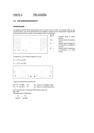 PARTE 3
Predimensionado
Donde :
V1 =
V2 =
β1 =
β2 =
La presion Cc y Cv en toda la longitud 2.π.b son:
PRE-DISEÑO
3.2 PRE-DIMENSIONAMIENTO
Los depósitos INTZE deben dimensionarse de tal manera que se anulen los empujes sobre la viga
circular de fondo, que une la pared cónica con la esférica, es decir que las componentes longitudinales
de la presiones Cc de la cúpula, y Cv del voladizo cónico, se equilibren.
Volumen sobre la cupula
esferica
Volumen sobre la superficie
conica
Ángulo interior formado por
la horizontal y la tangente a
la curva.
Ángulo exterior formado por
la horizontal y el fondo
conico.
β2 β1
b
HvHc
)1(/1. βγ senVCc =
)2(/2. βγ senVCv =
γ.V2
β2
γ.V1
β1
)1cos(. βCcHc =
)2cos(. βCvHv =
[ ] )1cos(.)1(/1. ββγ senVHc =
[ ] )2cos(.)2(/2. ββγ senVHv =
)2tan(
2
)1tan(
1
ββ
VV
=
Luego la componente horizontal será:
Como utilizaremos un fondo tipo INTZE debe cumplir que:
Hc = Hv
Reemplazando y simplificando
β2 β1
b
HvHc
)1(/1. βγ senVCc =
)2(/2. βγ senVCv =
γ.V2
β2
γ.V1
β1
)1cos(. βCcHc =
)2cos(. βCvHv =
[ ] )1cos(.)1(/1. ββγ senVHc =
[ ] )2cos(.)2(/2. ββγ senVHv =
)2tan(
2
)1tan(
1
ββ
VV
=
 