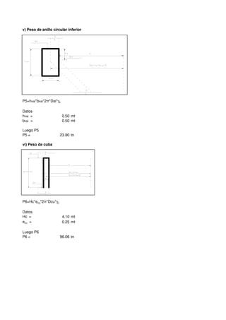v) Peso de anillo circular inferior
P5=hvai*bvai*2π*Dai*γP5=hvai*bvai*2π*Dai*γc
Datos
hvai = 0.50 mt
bvai = 0.50 mt
Luego P5
P5 = 23.90 tnP5 = 23.90 tn
vi) Peso de cuba
P6=Hc*ecu*2π*Dcu*γc
Datos
Hc = 4.10 mt
ecu = 0.25 mt
Luego P6
P6 = 96.06 tn
 