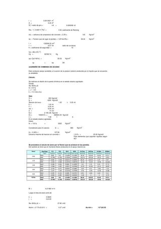 I = 0.0013021 m
4
A = 0.25 m
2
R0
2
=radio de giro = I/A = 0.005208 mt
Ra= 1+ 0.0001*L2
/R0
2
= 4.52 coeficiente de Ranking
σcc = esfuerzo de compresion del concreto = 0.3f'c= 105 Kg/cm
2
σp = Tension que da lugar al pandeo = 1.25*σcc/Ra = 29.04 Kg/cm2
I = 130208.33 cm4
r' = 6.57 mt radio de curvatura
K = coeficiente de seguridad = 10
Cp = 6Ec.I/(K.r'2
)
Cp = 50790.74 Kg
cp= Cp/(100*e) = 20.32 Kg/cm2
cp < σp OK
viii)DISEÑO DE CHIMENEA DE ACCESO
Calculo:
Se realizara el diseño de la pared cilindrica en el estado elastico agrietado:
Donde:
As= M/(fs.j.d)
fs = 0.5 fy
j = 1 - k/3
k = 1/(1+fs/(n.fc))
Dato
f'c = 350 Kg/cm2
fy = 4200 Kg/cm2
Seccion de muro : 1.00 x 0.20 mt
b = 1.00 mt
h = 0.20 mt
rec = 6.00 cm
d = 14 cm
Es = 2.10E+06 Kg/cm2
Ec = 15000√f'c = 280624.30 Kg/cm2
n = 7.48 ≈ 8
En el estado elastico agrietado.
Datos:
fs = 0.6 fy = 2520 Kg/cm2
Este conducto estara sometido a la accion de la presion exterior producida por el liquido que se encuentra
su alrededor.
fs = 0.6 fy = 2520 Kg/cm2
Considerare para mi calculo: fs = 980 Kg/cm
2
fc = 0.45f'c = 157.50 Kg/cm
2
Esfuerzo maximo de traccion en concreto = 1.2√f'c = 22.45 Kg/cm2
Se procedera al calculo de acero por la flexion que se produce en las paredes.
Del análisis se tiene que el momento flector producido en el apoyo maximo es:
M = 4.21382 tn-m
Luego el área de acero será de:
k = 0.5625
j = 0.8125
As= M/(fs.j.d) = 37.80 cm2
Asmin = 0.7√f'c/fy*b*d = 4.37 cm2 As min = 1/2"@0.25
Para elementos que soportan liquidos según
ACI
Nivel StepType F11 F22 M11 M22 S11Top S22Top S11Bot S22Bot
Text Tonf/m Tonf/m Tonf-m/m Tonf-m/m Tonf/m2 Tonf/m2 Tonf/m2 Tonf/m2
MAX 8.88 0.8 1.21499 4.21382 78.16 120.49 42.28 572.3
MIN -27.996 -11.955 -0.22504 -0.83363 -322.23 -691.85 -29.23 -129.6
MAX 8.648 -1.018 0.06272 0.20906 80.34 126.59 6.47 9.97
MIN -3.436 -4.606 -0.24735 -0.89759 -16.32 -54.39 -34.96 -142.68
MAX -0.286 -0.952 0.0693 0.23099 -6.6 1.33 8.32 27.73
MIN -2.568 -1.957 -0.0217 -0.07402 -12.47 -41.56 -15.11 -20.87
MAX -0.703 -0.571 0.00542 0.01882 -4.07 5.57 -2.96 -1.01
MIN -2.347 -1.204 -0.02195 -0.07484 -9.45 -6.94 -14.06 -16.88
MAX 0.109 -0.131 0.0049 0.01707 0.46 -0.81 0.63 0.13
MIN -0.946 -0.487 0.00027 0.00102 -5.46 -5 -4 -0.79
TOTAL MAX 8.88 0.8 1.21499 4.21382 80.34 126.59 42.28 572.3
MIN -27.996 -11.955 -0.24735 -0.89759 -322.23 -691.85 -34.96 -142.68
0.96
1.93
2.89
3.85
4.82
 