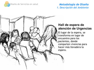 Diseño de Servicios en salud     Metodología de Diseño
                               1. Descripción del Ambiente




                                Hall de espera de
                                atención de Urgencias
                                El lugar de la espera, se
                                transforma en lugar de
                                encuentro para los
                                pacientes, donde
                                comparten vivencias para
                                hacer más llevadera la
                                espera.
 