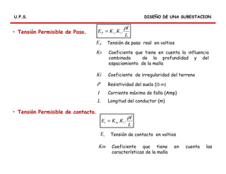 U.P.S.U.P.S.
• Tensión Permisible de Paso.
• Tensión Permisible de contacto.
L
I
KKE isP
ρ
..=
PE Tensión de paso real en voltios
Ks Coeficiente que tiene en cuenta la influencia
combinada de la profundidad y del
espaciamiento de la malla
Ki Coeficiente de irregularidad del terreno
ρ Resistividad del suelo (Ω-m)
I Corriente máxima de falla (Amp)
L Longitud del conductor (m)
L
I
KKE imt
ρ
..=
tE Tensión de contacto en voltios
Km Coeficiente que tiene en cuenta las
características de la malla
DISEÑO DE UNA SUBESTACIONDISEÑO DE UNA SUBESTACION
 