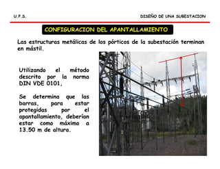 DISEÑO DE UNA SUBESTACIONDISEÑO DE UNA SUBESTACIONU.P.S.U.P.S.
CONFIGURACION DEL APANTALLAMIENTO
Las estructuras metálicas de los pórticos de la subestación terminan
en mástil.
Utilizando el método
descrito por la norma
DIN VDE 0101,
Se determina que las
barras, para estar
protegidas por el
apantallamiento, deberían
estar como máximo a
13.50 m de altura.
 