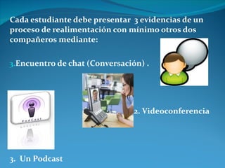 Cada estudiante debe presentar  3 evidencias de un proceso de realimentación con mínimo otros dos compañeros mediante: Encuentro de chat (Conversación) .  2. Videoconferencia  3.  Un Podcast 