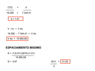 (7/2) = d
18 295 = 7 344.41
d = 1.41
V - Vc = V As
18 295 - 7 344.41 = V As
V As = 10 950.59
ESPACIAMIENTO MÁXIMO
S = 2 (5.07) (2810) (1.41)
10 950.59
S = 3.67 42.5 = 21.25
2
 