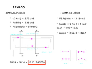 ARMADO
* 1/3 As(-) = 8.75 cm2
- CAMA SUPERIOR
* As(Mín) = 5.33 cm2
* As adicional = 9.19 cm2
26.24 - 10.14 = 16.10 BASTÓN
- CAMA INFERIOR
* 1/2 As(mín) = 13.12 cm2
* Corrido = 2 No. 8 + 1 No.7
26.24 - 14.02 = 12.22
* Bastón = 2 No. 8 + 1 No.7
A’
A B
B’
 