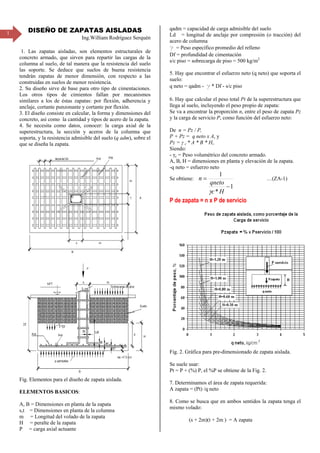1 DISEÑO DE ZAPATAS AISLADAS
Ing.William Rodríguez Serquén
1. Las zapatas aisladas, son elementos estructurales de
concreto armado, que sirven para repartir las cargas de la
columna al suelo, de tal manera que la resistencia del suelo
las soporte. Se deduce que suelos de buena resistencia
tendrán zapatas de menor dimensión, con respecto a las
construidas en suelos de menor resistencia.
2. Su diseño sirve de base para otro tipo de cimentaciones.
Los otros tipos de cimientos fallan por mecanismos
similares a los de éstas zapatas: por flexión, adherencia y
anclaje, cortante punzonante y cortante por flexión.
3. El diseño consiste en calcular, la forma y dimensiones del
concreto, así como la cantidad y tipos de acero de la zapata.
4. Se necesita como datos, conocer: la carga axial de la
superestructura, la sección y aceros de la columna que
soporta, y la resistencia admisible del suelo (q adm), sobre el
que se diseña la zapata.
Fig. Elementos para el diseño de zapata aislada.
ELEMENTOS BASICOS:
A, B = Dimensiones en planta de la zapata
s,t = Dimensiones en planta de la columna
m = Longitud del volado de la zapata
H = peralte de la zapata
P = carga axial actuante
qadm = capacidad de carga admisible del suelo
Ld = longitud de anclaje por compresión (o tracción) del
acero de columna
g = Peso específico promedio del relleno
Df = profundidad de cimentación
s/c piso = sobrecarga de piso = 500 kg/m2
5. Hay que encontrar el esfuerzo neto (q neto) que soporta el
suelo:
q neto = qadm - g * Df - s/c piso
6. Hay que calcular el peso total Pt de la superestructura que
llega al suelo, incluyendo el peso propio de zapata:
Se va a encontrar la proporción n, entre el peso de zapata Pz
y la carga de servicio P, como función del esfuerzo neto:
De n = Pz / P,
P + Pz = q neto x A, y
Pz = γ c * A * B * H,
Siendo:
- γc = Peso volumétrico del concreto armado.
A, B, H = dimensiones en planta y elevación de la zapata.
-q neto = esfuerzo neto
Se obtiene:
1
*
1
−
=
Hc
qneto
n
γ
…(ZA-1)
P de zapata = n x P de servicio
Fig. 2. Gráfica para pre-dimensionado de zapata aislada.
Se suele usar:
Pt = P + (%) P, el %P se obtiene de la Fig. 2.
7. Determinamos el área de zapata requerida:
A zapata = (Pt) /q neto
8. Como se busca que en ambos sentidos la zapata tenga el
mismo volado:
(s + 2m)(t + 2m ) = A zapata
 