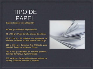 TIPO DE
PAPEL
Según el grosor y su utilización
40 a 60 gr.: Utilizado en periódicos.
80 a 100 gr.: Papel de folio clásico de oficina.
90 a 170 gr.: El utilizado en impresión de
Folletos y carteles. El mas común 100-135 gr.
200 a 250 gr.: Cartulina fina Utilizada para
imprimir Tapas de revistas o Flyers.
250 a 350 gr.: Utilizado en Tarjetas postales,
Tarjetas de visita, o flyers Gruesos.
350 a 450 gr.: Cartón utilizado para tarjetas de
visita y cubiertas de libros o revistas.
 