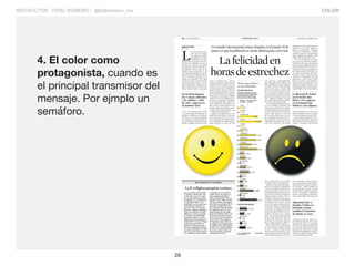 COLOR
28
INSTRUCTOR: FIDEL ROMERO / @fidelromero_mx
4. El color como
protagonista, cuando es
el principal transmisor del
mensaje. Por ejmplo un
semáforo.
 