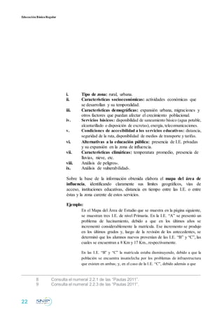 Educación BásicaRegular
i. Tipo de zona: rural, urbana.
ii. Características socioeconómicas: actividades económicas que
se desarrollan y su temporalidad.
iii. Características demográficas: expansión urbana, migraciones y
otros factores que puedan afectar el crecimiento poblacional.
iv. Servicios básicos: disponibilidad de saneamiento básico (agua potable,
alcantarillado o disposición de excretas), energía, telecomunicaciones.
v. Condiciones de accesibilidad a los servicios educativos: distancia,
seguridad de la ruta, disponibilidad de medios de transporte y tarifas.
vi. Alternativas a la educación pública: presencia de I.E. privadas
y su expansión en la zona de influencia.
vii. Características climáticas: temperatura promedio, presencia de
lluvias, nieve, etc.
viii. Análisis de peligros8.
ix. Análisis de vulnerabilidad9.
Sobre la base de la información obtenida elabora el mapa del área de
influencia, identificando claramente sus límites geográficos, vías de
acceso, instituciones educativas, distancia en tiempo entre las I.E. o entre
éstas y la zona carente de estos servicios.
Ejemplo:
En el Mapa del Área de Estudio que se muestra en la página siguiente,
se muestran tres I.E. de nivel Primaria. En la I.E. “A” se presentó un
problema de hacinamiento, debido a que en los últimos años se
incrementó considerablemente la matrícula. Ese incremento se produjo
en los últimos grados y, luego de la revisión de los antecedentes, se
determinó que los alumnos nuevos provenían de las I.E. “B” y “C”, las
cuales se encuentran a 8 Km y 17 Km., respectivamente.
En las I.E. “B” y “C” la matrícula estaba disminuyendo, debido a que la
población se encuentra insatisfecha por los problemas de infraestructura
que existen en ambas; y, en el caso de la I.E. “C”, debido además a que
8 Consulta el numeral 2.2.1 de las “Pautas 2011”.
9 Consulta el numeral 2.2.3 de las “Pautas 2011”.
22
 
