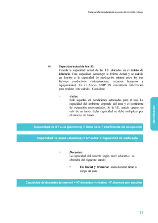 Guía para la formulación de proyectos de inversión exitosos
iii. Capacidad actual de las I.E:
Calcula la capacidad actual de las I.E. ubicadas en el ámbito de
influencia. Esta capacidad constituye la Oferta Actual y se calcula
en función a la capacidad de producción mínima entre los tres
factores productivos (infraestructura, recursos humanos y
equipamiento). En el Anexo SNIP 09 encontrarás información
para realizar este cálculo. Considera:
◗ Aulas:
Sólo aquellas en condiciones adecuadas para el uso. La
capacidad del ambiente depende del área y el coeficiente
de ocupación recomendado. Si la I.E. puede operar en
más de un turno, dicha capacidad se debe multiplicar por
el número de turnos.
Capacidad de 01 aula (alumnos) = Área neta ÷ coeficiente de ocupación
Capacidad de aulas (alumnos) = Nº aulas × capacidad de cada aula
◗ Docentes:
La capacidad del docente según nivel educativo, se
obtendrá del siguiente modo:
• En Inicial y Primaria: cada docente tiene a
cargo un aula.
Capacidad de docentes (alumnos) = Nº docentes × máximo Nº alumnos por sección
identificación
31
 